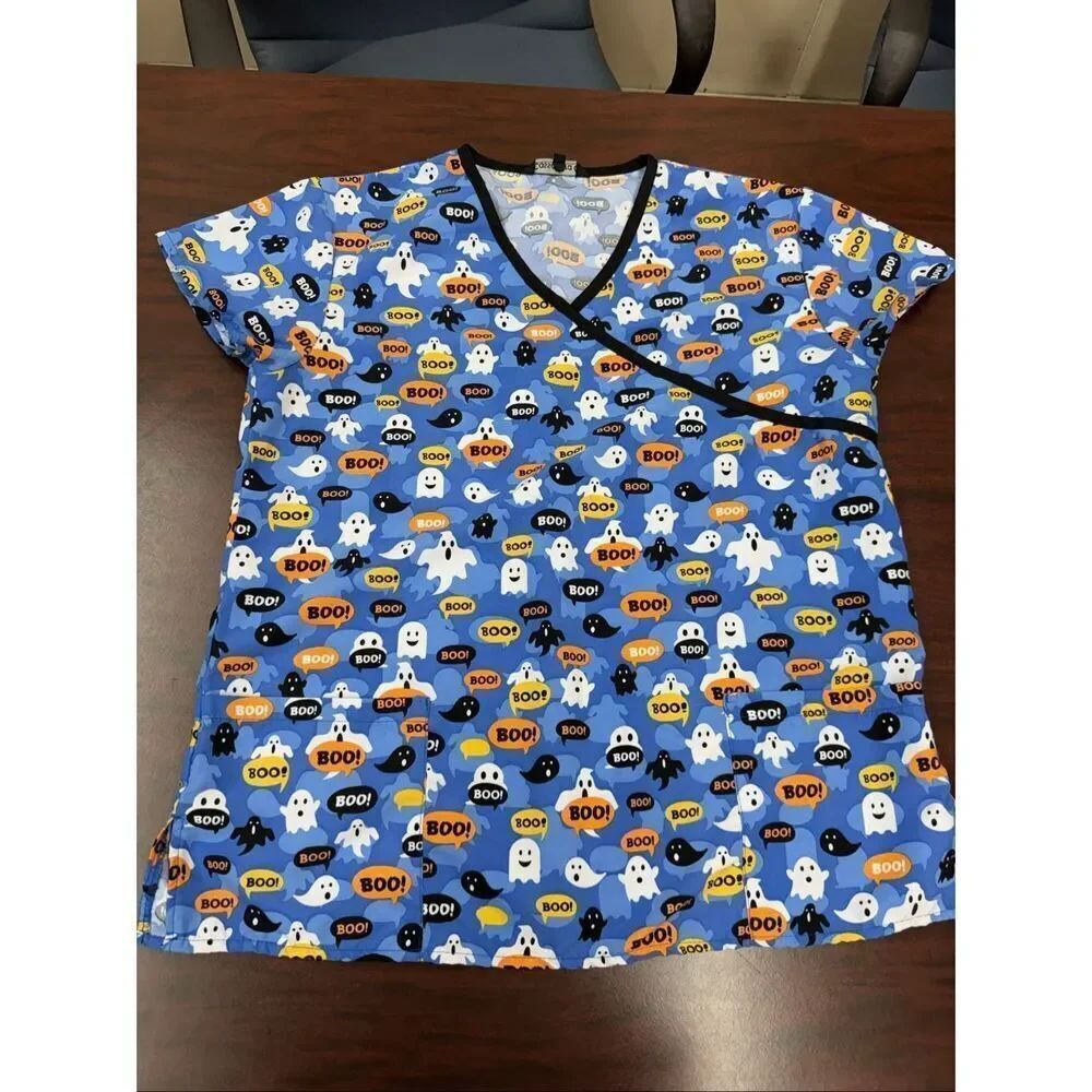 Cassandra O Halloween Scrub Top V-Neck Scrub Top Size Medium